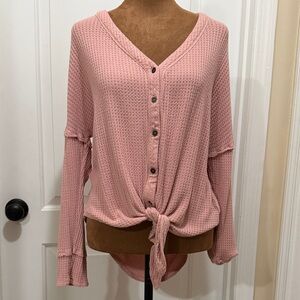 Knox Rose Pink Button-Down Waffle Knit Shirt with Tie hem and Lace Accents